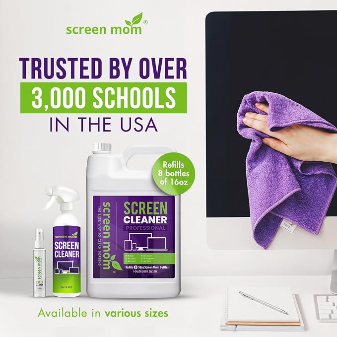 Screen Mom Screen Cleaner Spray 8oz & 2oz for TV, Car, Laptop and Computer | Streak-Free Formula, Alcohol & Ammonia Free, 4 Microfiber Cloths, Cleans TVs Phones Tablets Glass OLED, Residue-Free Cleaning