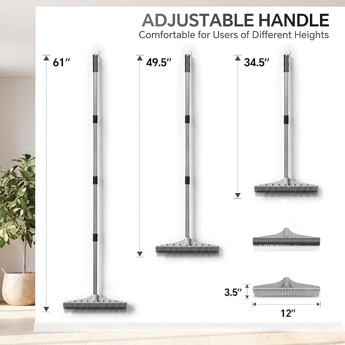 Walensee Carpet Brush for Pet Hair Removal, 2 in 1 Carpet Rake & Rubber Broom with Nylon Cleaning Brush, Adjustable Long Handle Rug Rake for Shag Carpet, Rugs, Stairs, Mats and Floors