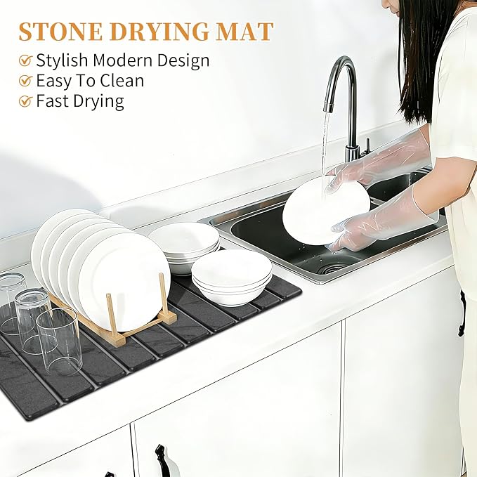 Stone Dish Drying Mat for Kitchen - Diatomaceous Earth Drying Mats | Grey Color, Quick Dry Counter Mats, Foldable Design, Super Absorbent, (24"×16"/ 8"x4" / 1 Drain Rack) , for Dishes Cups