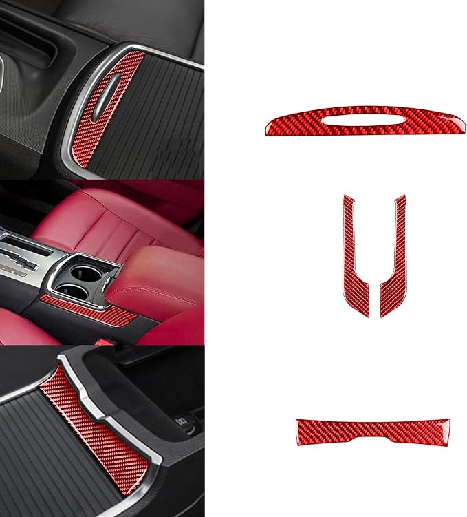 Console Armrest Panel Fit for Dodge Charger/Chrysler 300 2011-2023 | Real Carbon Fiber | Accessories | Central Console Armrest Box Trim Set Stickers | Thick Overlay | Self-adhesive | Red