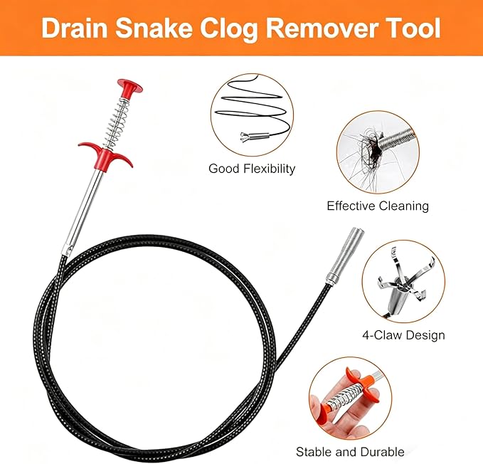 79 Inch Drain Snake Clog Remover Tool, 4-Claw Flexible Grabber for Hair in Toilet, Sink, Shower, Kitchen, Bath Tub & Sewer Drain Unclog (Black)