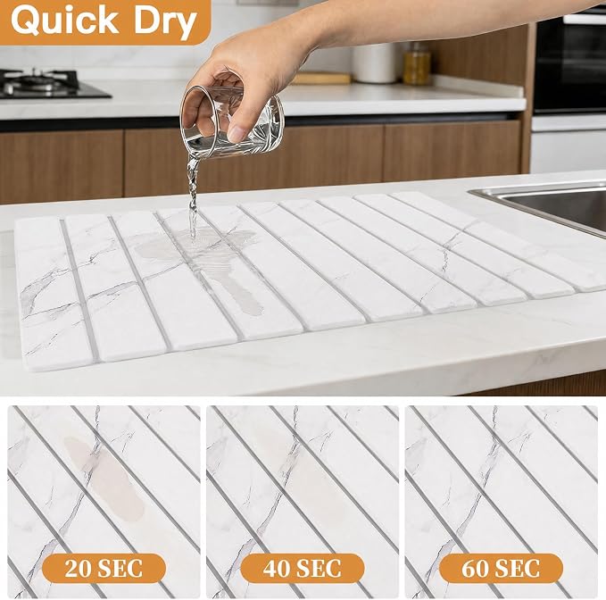 Stone Dish Drying Mat for Kitchen - Diatomaceous Earth Drying Mats | White Color, Counter Mats Quick Dry, Foldable Design, Super Absorbent, (24"×16"/ 8"x4" / 1 Drain Rack) , for Dishes Cups