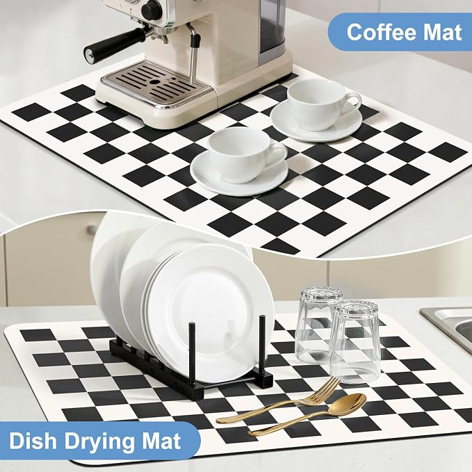 Clinuse Coffee Mats, 19"x12" Checkered Dish Drying Mat for Kitchen Counter, Quick Dry Mat, Diatomite Absorbent Aesthetic Large Drying Mats for Coffee Bar - Black White