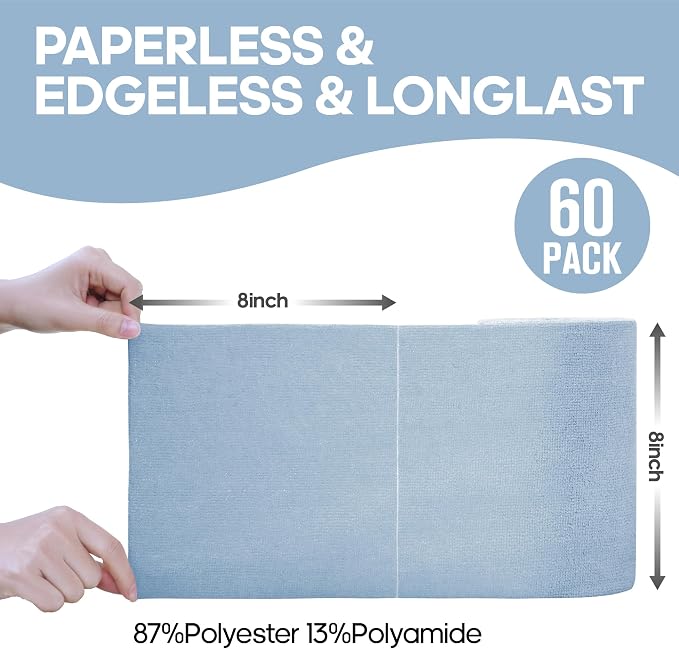 Fantasticlean Microfiber Cleaning Cloth Roll -60 Pack, Tear Away Paperless Towels, 8" x 8", Reusable Washable Rags, for House Kitchen, Pet, Office, Indoor Outdoor, Compact and Portable (Baby Blue)