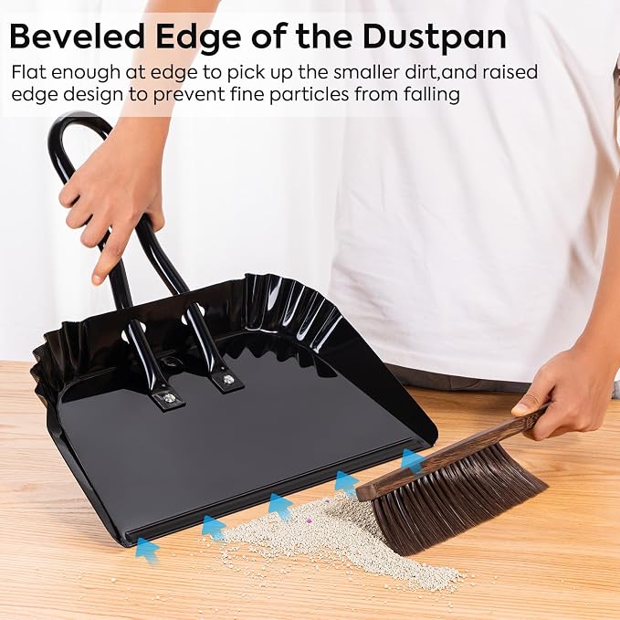 17In Large Dust Pan and Brush Set,Heavy-Duty Dust Pan | Handheld Dustpan | Commercial Metal Dust Pan and Wood Broom,Precision Edge for Debris,Black Hanging Dustpan Set for Home,Fireplace,Car,Outdoor