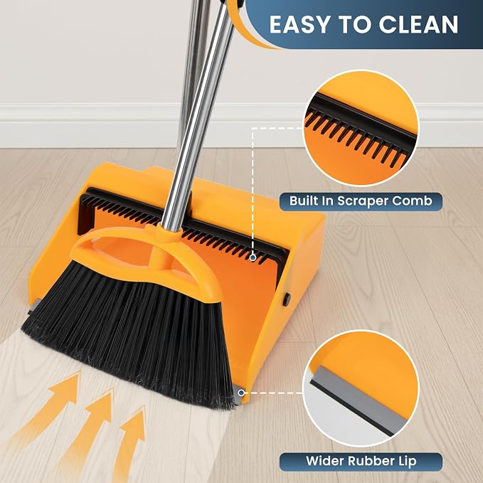 REEWII Large Broom and Dustpan Set，Long Handle Upright Dust Pan Outdoor Indoor for Courtyards, Garages, Lobbies, Shopping Malls, Market Floors, Sidewalks, Classroom Floor Cleaning