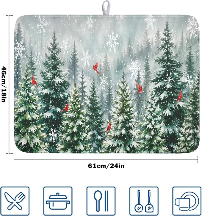 Winter Forest Snowflake Dish Drying Mat for Kitchen Counter 18"x24" | Christmas Green Pine Trees Birds Dish Drainer Mat Rustic Winter Holiday Absorbent Washable Drying Pad