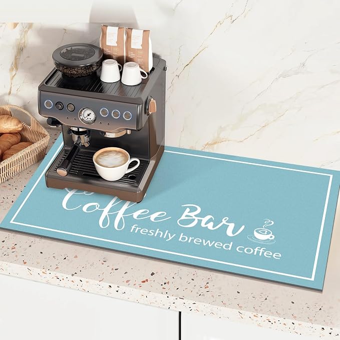 Findosom Dish Drying Mat, 17"x 32" Super Absorbent & Hide Stain Coffee Mat, Cuttable Drying Mat for Kitchen Counter, Coffee Bar Accessories, Under Dish Rack, Coffee Maker, Espresso Machine, Blue