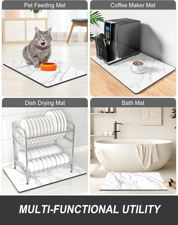 Rnivvi Dish Drying Mat for Kitchen Counter, 12 x 19" Cute Marble Super Absorbent Draining Pad, Non-Slip Heat Resistant Coffee Bar Mats for Coffee Machine Station Accessories, White Dish Rack Pad