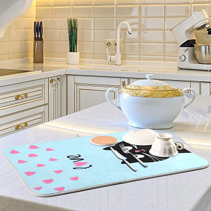 Absorbent Dish Drying Mat for Kitchen Counter - Blue Love Cat Microfiber Drying Pad, Reversible Drainer Mats for Countertop, Lager 18 x 24 inch