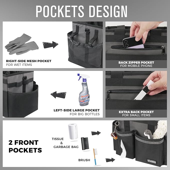 SCAVATA Compact Wearable Cleaning Caddy with Handle & Shoulder Straps | Small Cleaning Supplies Organizer, Under Sink & Car Cleaning Tools Storage Bag for Housekeepers Cleaners, DarkGrey