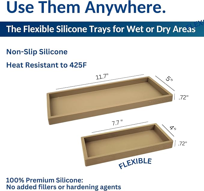 Spacewiser Countertop and Vanity Tray - 2 PC (11” and 7”) Shatterproof Silicone Kitchen and Bathroom Trays for Counter, Kitchen Soap Dispenser Tray, Vanity Trays for Bathroom, Perfume Key Tray