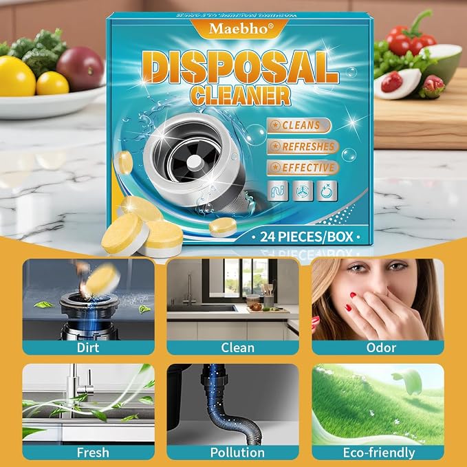 Garbage Disposal Cleaner and Deodorizer Tablets 24-Pack,Septic Safe Sink and Drain Foaming Clean Tablets,Quickly Eliminates Odors,Powerful Foaming Action,Lemon Scent – 1-Year Supply