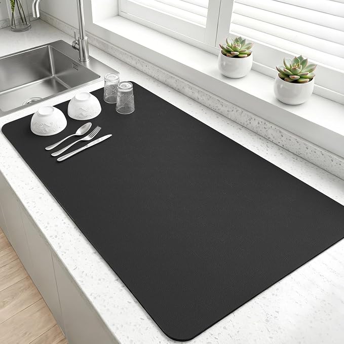 LOPNUR Kitchen Dish Drying Mat, 31.5"x17" Extra Large Dish Drying Mats for Kitchen Counter, Diatomite Coffee Mat Super Absorbent Dish Drying Pad, Heat Resistant Mat with Anti-slip Rubber Backed, Black