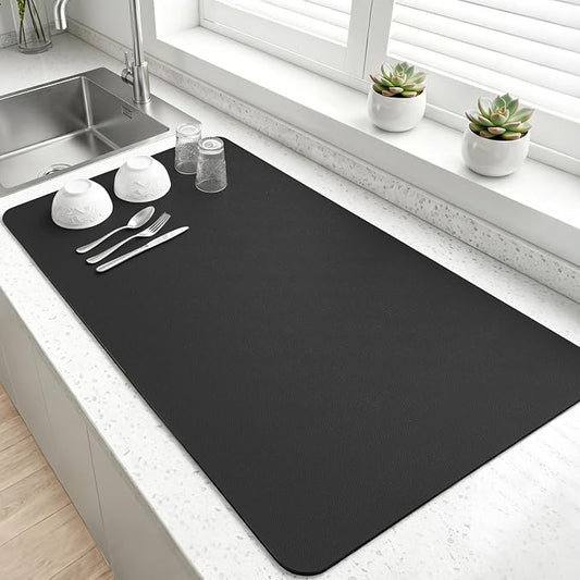 LOPNUR Kitchen Dish Drying Mat, 31.5"x17" Extra Large Dish Drying Mats for Kitchen Counter, Diatomite Coffee Mat Super Absorbent Dish Drying Pad, Heat Resistant Mat with Anti-slip Rubber Backed, Black