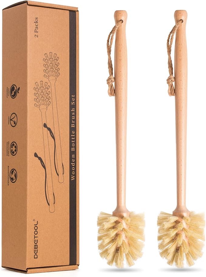 DEBETOOL 2-Pack Natural Wooden Bottle Brush with Sisal Bristles, Long Handle Bottle Brush Cleaner for Wide Mouth Jars, Water Bottles, Cups, Glasses, Baby Bottles (Non-Scratch)