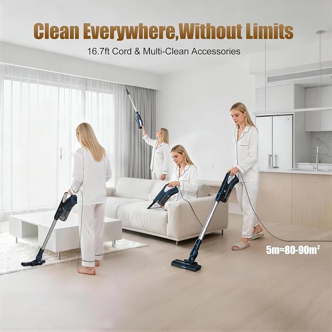 Corded Stick Vacuum Cleaners for Home Converts to Handheld VA002 | Powerful Suction, Dual HEPA Filters, LED Light, 16.7ft Power Cord, One Touch Release Dust Cup For Pet Hair Hard Floor