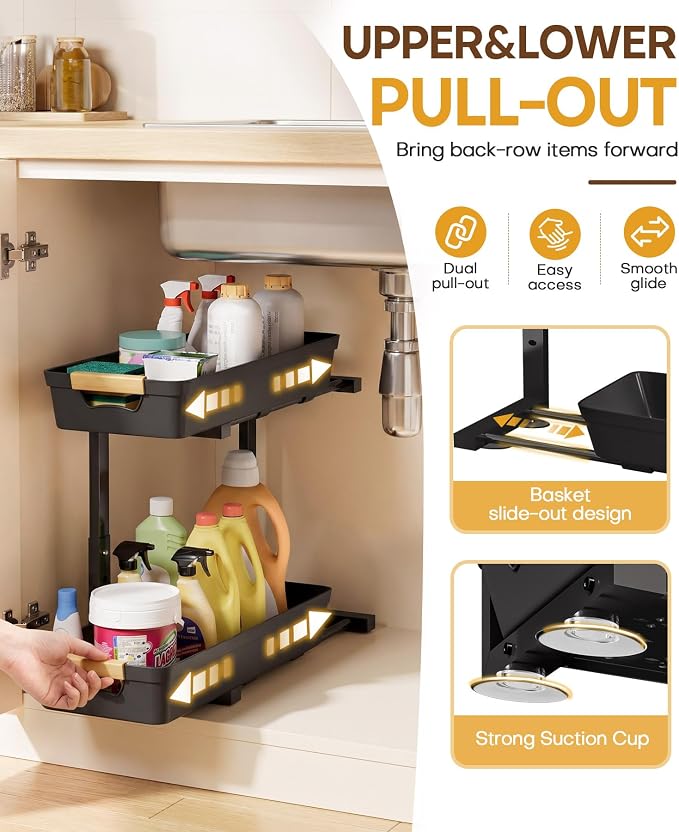 Homde Sliding Under Sink Organizer: 2 Pack 2-Tier Cabinet Shelf with Upper & Lower Pull-Out Baskets - C-Shaped 3 Adjustable Heights for Kitchen Bathroom