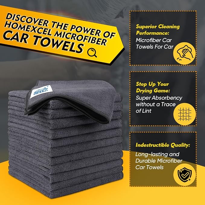 HOMEXCEL Grey Microfiber Cleaning Cloth 400 Pack, 11.5 x 11.5 inch Bulk Shop Towels | Reusable Cleaning Rags for Cars, Kitchen, Window, Garage and House, Ultra Absorbent, Lint Free, Streak Free
