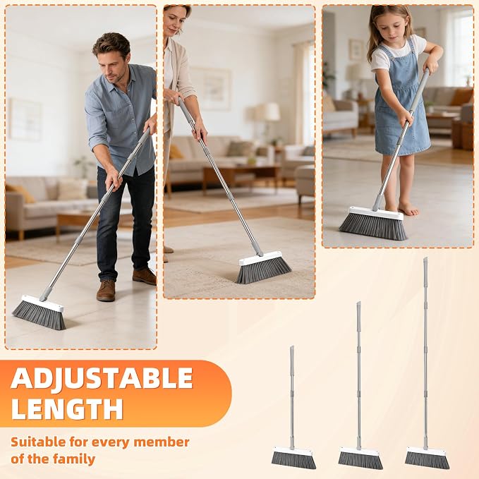 Broom and Dustpan Set, 51 inch Long Adjustable Handle Angle Broom and Dustpan Combo Set with Double Dustpan Teeth to Clean Hair for Home Kitchen Office Lobby, White&Grey