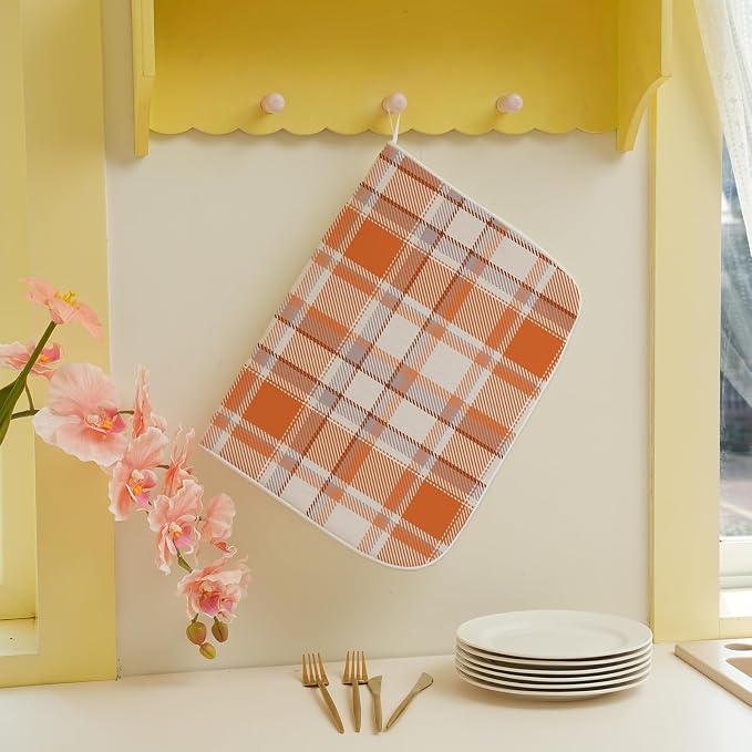 Fall Checkered Dish Drying Mats 18x24 Inch Autumn Burnt Orange Grey Buffalo Plaid Drying Mats Holiday Thanksgiving Dish Drying Pad Dish Rack Drainer Mats for Kitchen Dining Room Counter Decor