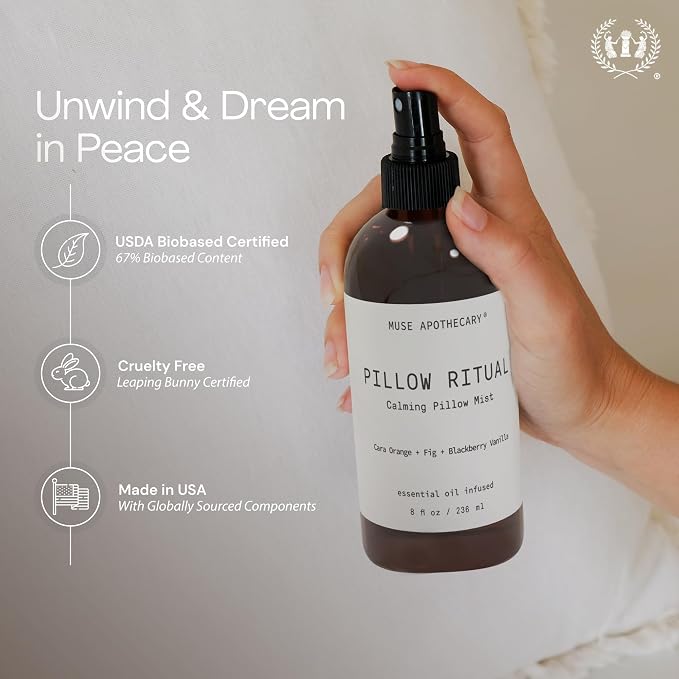Muse Apothecary Pillow Ritual - Aromatic, Calming and Relaxing Pillow Mist, Linen and Fabric Spray - Infused with Aromatherapy Essential Oils - 4 oz, Bergamot + French Lavender + Sandalwood, 2 Pack