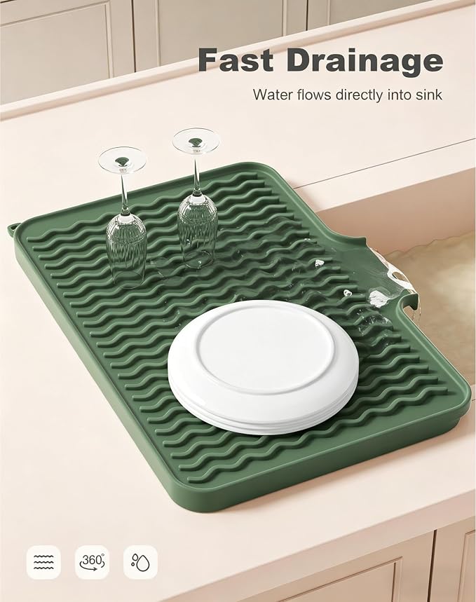 Rnivvi Silicone Dish Drying Mat for Kitchen Counter, 16 x 12" Dish Rack Mat with Drainage Spout, Non-Slip Countertop Protector Heat Resistant Trivet, Drainer Organizer for Home Kitchen Sink , Green