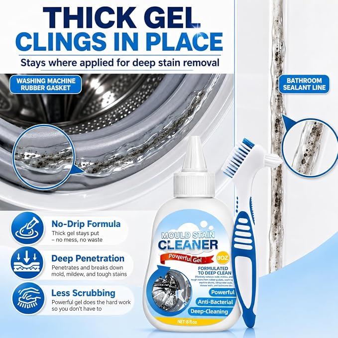 Housemold Stain Remover Gel for Washing Machine & Bathroom – Low Odor Remover Gel for Rubber Gaskets, Caulk, Shower Grout, Silicone Sealant, Toilet, Kitchen Sink, 8 FL