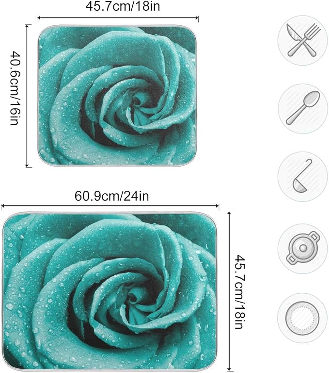 Super Absorbent Dish Drying Mat, Microfiber Fast-Drying Dish Mat, 24" x 18", Kitchen Dish Drying Pad Hipster Turquoise Rose Petals
