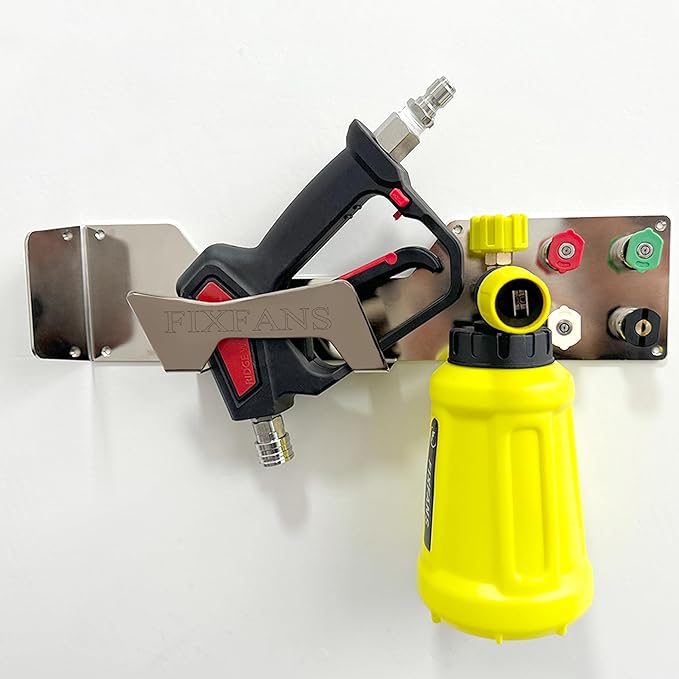 FIXFANS Pressure Washer Gun Holder, Wall Mounted Foam Cannon Tool Organizer | Power Washer Snow Foam Lance Tool Organizer, Nozzle Tips and Car Wash Accessories Kit Storage Rack, 1/4" Quick Connect
