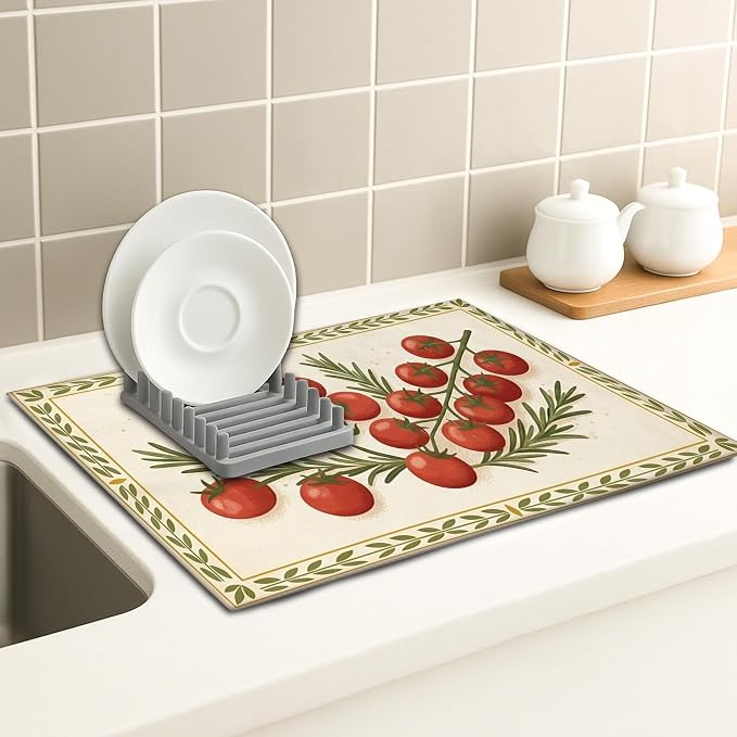 Tomatoes Herb Dish Drying Mats for Kitchen Counter, Rustic Red Tomatoes Absorbent Dish Drainer Rack Mat, Seasonal Farmhouse Microfiber Drying Pad for Kitchen Counter Decor 18x24 Inch