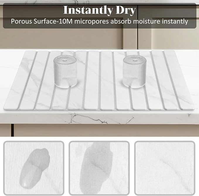 Extra Large Stone Dish Drying Mat for Kitchen Counter, 28"×16" Marble-Pattern Mat with 8"x 4" Coasters, Non - Slip Collapsible Absorbent Mat for Multi - Purpose, Match Any Countertop【White】