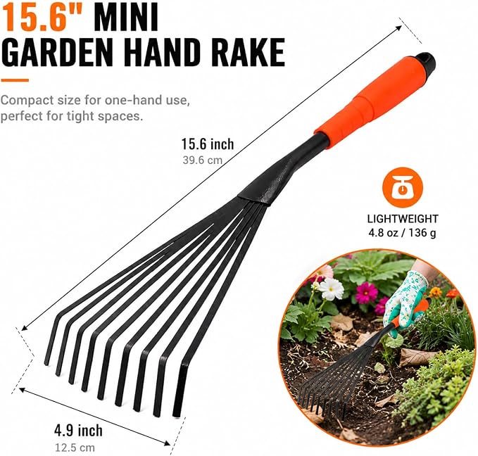 Finder Hand Rake, 15.6 Inch Gardening Hand Tool with Ergonomic Handle and Hanging Hole for Storage, Steel Garden Rake for Flower Beds, Leaves, Mulch, Soil Loosening, Tight Spaces