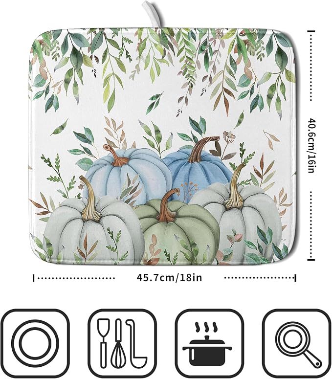 Giwawa Fall Blue Pumpkin Dish Drying Mat Autumn Harvest Dishes Pad 16"x18" Microfiber Quick Dry Dish Drainer Rack Mats Kitchen Counter Accessories