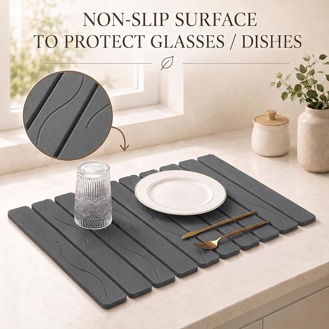 Large Stone Dish Drying Mat for Kitchen Counter, 2PCS Quick Dry Stone Dishes Mat, Foldable Water Absorbing Diatomaceous Drying Organizer Pad for Plates Rack Bottles Utensils(Wave, 24"×16" & 8"x4")