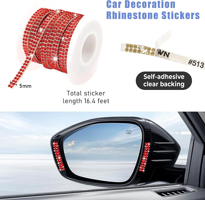 Bling Car Trim Self Adhesive, 16.4 Ft Rhinestone Auto Dashboard Line Molding Sticker Strips, DIY Bling Car Interior Decor Sticker for Women Girls, Vehicle Exterior Accessoreis (Red)