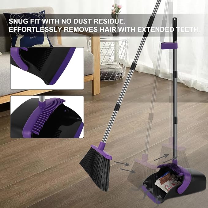 Purple Broom and Dustpan Combo Set, 55" Long Handle Broom | Large Area Outdoor Cleaning, Extended Reach Design, Built-in Comb Dustpan, Foldable Storage for Garage, Patio & Home