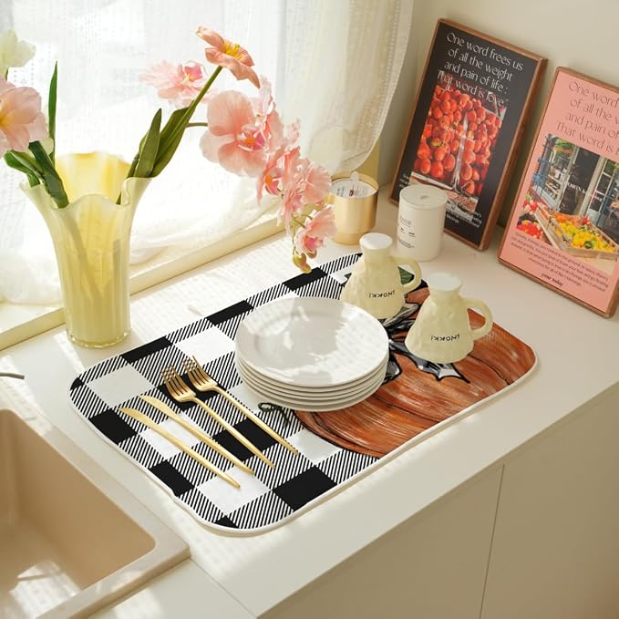 Fall Dish Drying Mat 18 x 24 Inch Thanksgiving Buffalo Plaid Pumpkin Drying Mat for Kitchen Counter Absorbent Farmhouse Autumn Orange Pumpkin Dishes Dry Pad for Drainer Rack Kitchen Fast Dry