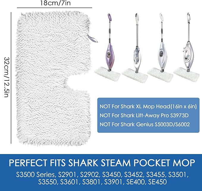 6 Pack Steam Mop Replacement Pads for Shark Steam Pocket Mop S3500 Series S3501 S3601 S2902 S3901 S3550 S3601d S3801 S3801co Se450 S2901, Washable & Reusable Microfiber Mop Pads | Fits S3550 S3901 S3801 SE450. Standard 12.5 x 7 in, not XL/Genius/Lift-A...