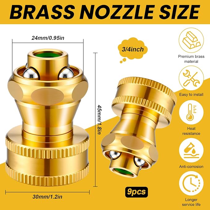 Hotop 9 Pack Big Shot Nozzle Power Brass Hose Nozzle Adjustable Twist Sprayer for Garden (3/4 Inch)