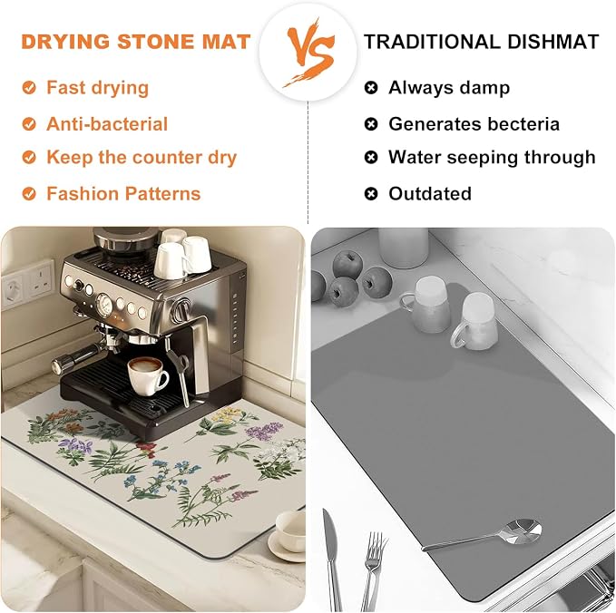 LOKHOM Dish Drying Mat for Kitchen Counter, 16"x24" Absorbent Coffee Bar Mat with Vintage Sage Flower Herbs, Dish Drainer Rack Mat for Kitchen Counter