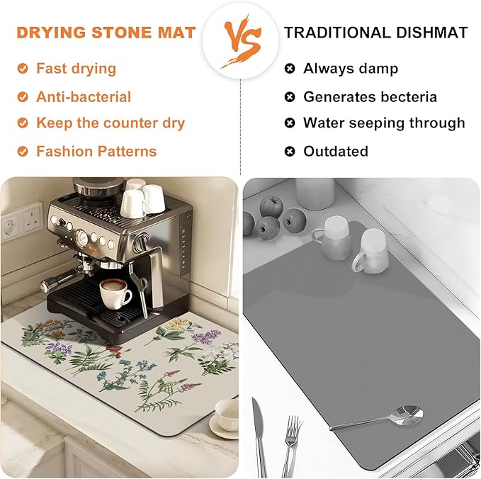 LOKHOM Dish Drying Mat for Kitchen Counter, 16"x18" Absorbent Coffee Bar Mat with Vintage Sage Flower Herbs, Dish Drainer Rack Mat for Kitchen Counter