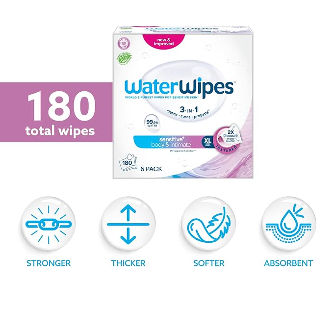 WaterWipes Sensitive Whole Body Cleansing Wipes, 99.9% Purified Water, XL Textured Wipes, Incontinence Care, Fragrance Free, 180 Count