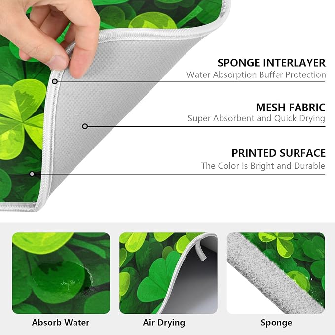 Patricks Day Shamrocks Lucky Clover Leaves Dish Drying Mat for Kitchen Counter Absorbent Microfiber Small Drying Pad Dish Mats for Kitchen Countertops 16 x 18 Inch