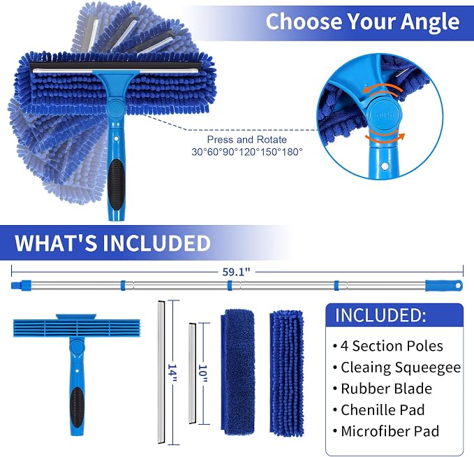 67" Squeegee Window Cleaner, 2 in 1 Professional Window Cleaning Tool Kit with Extension Pole, Window Washing Equipment with Rotatable Head for Indoor Outdoor Windows Car Glass