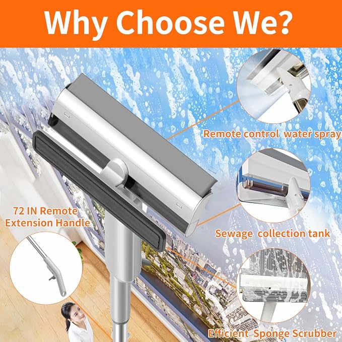 4 in 1 Window Squeegee with Water Tank,Window Cleaner Tool with Remote Control Water Spray,16'' to 72'' Adjustable Extension Pole,Wastewater Tray,Sponge Window Squeegee for Shower Glass Car Window