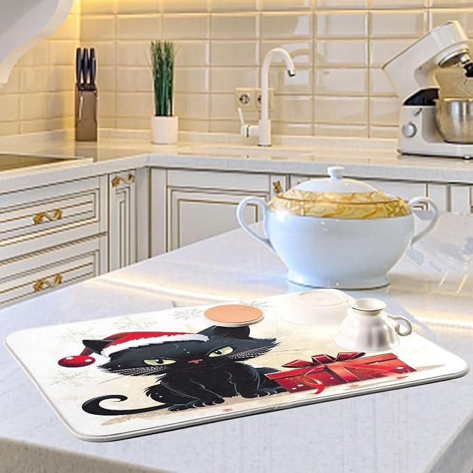 Christmas Dish Drying Mat Kitchen Counter Absorbent Black Cat Coffee Sink Mat Dish Drainer Pad 18 Inch x 24 Inch