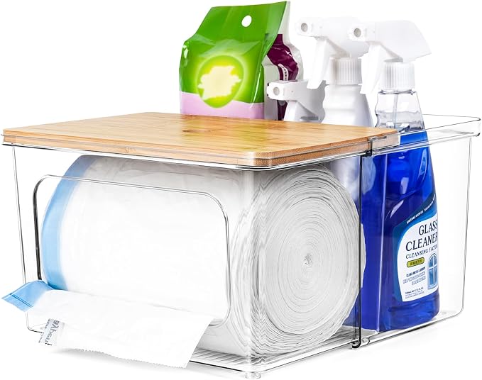 iCASA Trash Bag Dispenser Holder - 2 in 1 Acrylic Under Sink Organizer | Garbage Bags Dispenser with Bamboo Lid, Holds up to 100 Count, 13/30/33 Gallon Bag Roll, Pantry Organization and Storage