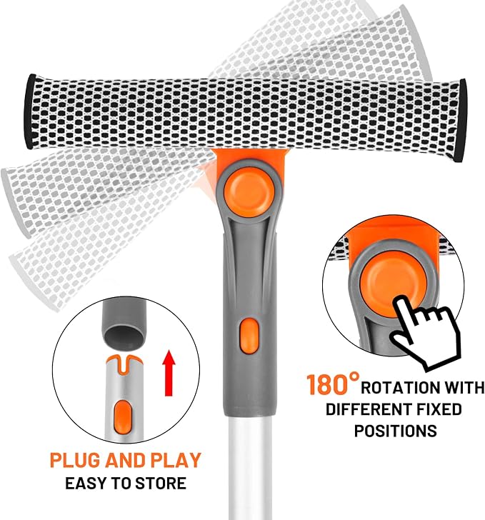 eazer Professional Window Squeegee, 2-in-1 Rotatable Squeegee for Window Cleaning Kit, Window Cleaner Tool, Window Washing Equipment Kit with Extension Pole for Shower/Windshield - 2 Head