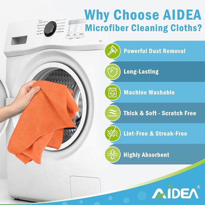 AIDEA Orange Microfiber Cleaning Cloth-12PK, Cleaning Rags 12"x12" Reusable | Microfiber Towel for Cars Lint Free, Absorbent Microfiber Rags, Reusable Shop Towels Dish Rags for Kitchen, Cleaning Supplies